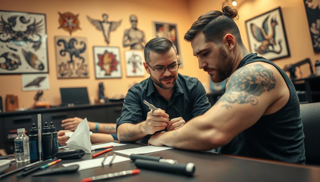 A tattoo apprentice, focused and determined, sits at a tattoo station under the watchful eye of an experienced mentor. The mentor, in a professional black shirt and apron, provides guidance, pointing at a sketch while looking encouragingly at the apprentice. The foreground features tattooing supplies, such as needles, inks, and stencil paper, arranged neatly on the table. In the middle ground, a partially finished tattoo adorns the apprentice's arm, showcasing intricate designs. The background reveals an artistic tattoo studio with tattoo flash art on the walls, soft lighting creating an inviting atmosphere. The scene captures the excitement and tension of learning, with a warm color palette that conveys a sense of collaboration and creativity. The angle is slightly overhead, emphasizing the interaction between mentor and apprentice, highlighting the personal connection in the learning process.