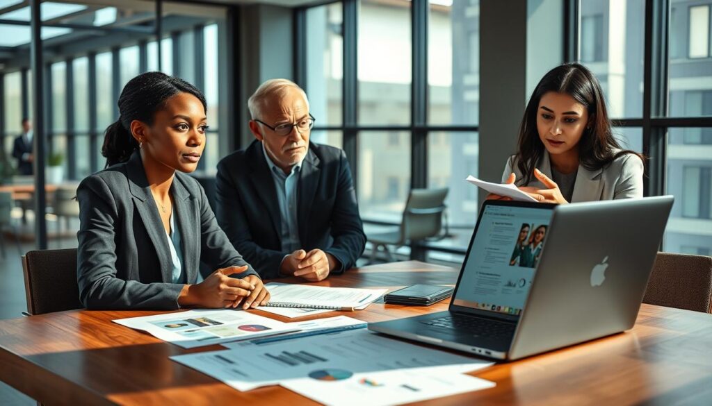 A thoughtful and contemplative scene depicting a diverse group of three professionals engaged in a discussion about project management. In the foreground, a young African American woman in a smart business outfit is sitting at a wooden table, gesturing thoughtfully. To her left, a middle-aged Caucasian man in a blazer nods in agreement, while to her right, a South Asian woman in business casual attire takes notes intently. In the middle ground, an open laptop displays project visuals, papers scattered with diagrams and charts. The background features a modern office setting with large windows allowing natural light to pour in, casting soft shadows. The mood is collaborative and focused, evoking curiosity about project management. The scene is captured in a warm, inviting color palette, creating an atmosphere of professional engagement. A thoughtful and contemplative scene depicting a diverse group of three professionals engaged in a discussion about project management. In the foreground, a young African American woman in a smart business outfit is sitting at a wooden table, gesturing thoughtfully. To her left, a middle-aged Caucasian man in a blazer nods in agreement, while to her right, a South Asian woman in business casual attire takes notes intently. In the middle ground, an open laptop displays project visuals, papers scattered with diagrams and charts. The background features a modern office setting with large windows allowing natural light to pour in, casting soft shadows. The mood is collaborative and focused, evoking curiosity about project management. The scene is captured in a warm, inviting color palette, creating an atmosphere of professional engagement.