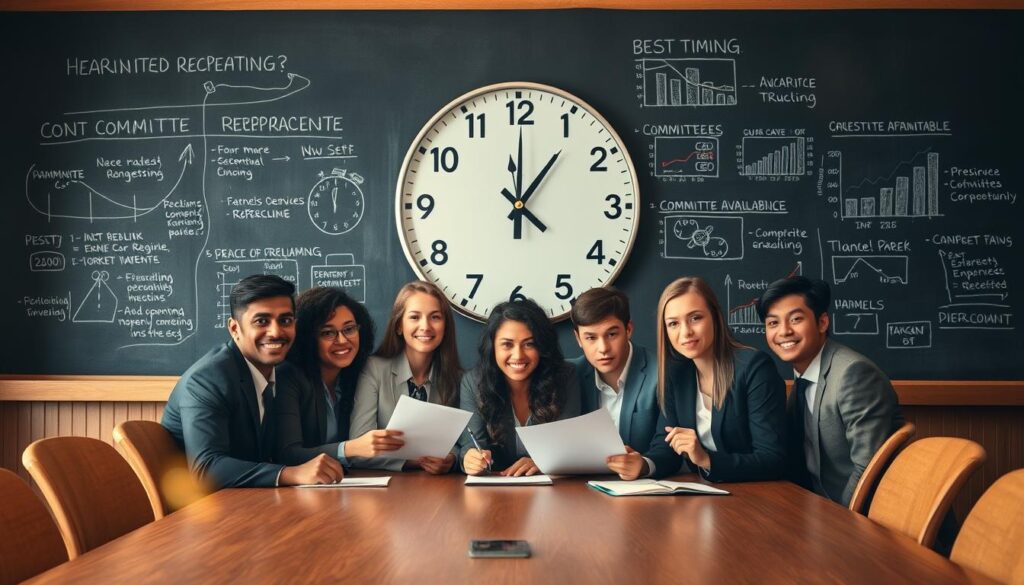 A thoughtful and focused scene capturing the essence of factors influencing the timing of a thesis defense. In the foreground, a diverse group of students in professional attire eagerly discusses their thesis papers around a wooden conference table, their faces expressing determination and a bit of anxiety. In the middle ground, a large wall clock prominently displays various times, symbolizing the different deadlines and schedules. The background features a chalkboard filled with notes and graphs illustrating key factors such as academic requirements, committee availability, and personal preparation. Soft, warm lighting highlights the students, creating an encouraging atmosphere, while a lens flare adds a subtle hint of optimism. The image conveys a sense of urgency balanced with professionalism and collaboration in an academic setting. A thoughtful and focused scene capturing the essence of factors influencing the timing of a thesis defense. In the foreground, a diverse group of students in professional attire eagerly discusses their thesis papers around a wooden conference table, their faces expressing determination and a bit of anxiety. In the middle ground, a large wall clock prominently displays various times, symbolizing the different deadlines and schedules. The background features a chalkboard filled with notes and graphs illustrating key factors such as academic requirements, committee availability, and personal preparation. Soft, warm lighting highlights the students, creating an encouraging atmosphere, while a lens flare adds a subtle hint of optimism. The image conveys a sense of urgency balanced with professionalism and collaboration in an academic setting.