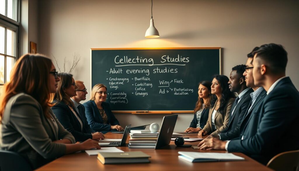 A thoughtful and serene classroom setting in the foreground, featuring a diverse group of adult learners engaged in discussion about evening studies. They're dressed in professional business attire, showcasing a range of backgrounds. In the middle, a chalkboard displays key concepts related to selecting evening studies, with items like books and a laptop scattered around for a studious atmosphere. The background features a window with warm, inviting evening light casting a golden hue across the room, creating a cozy yet focused environment. The overall mood is inspiring and educational, capturing the essence of making informed decisions about further education during the evening hours. Soft focus on the edges to draw attention to the students' engaging expressions and the thoughtful conversation taking place.