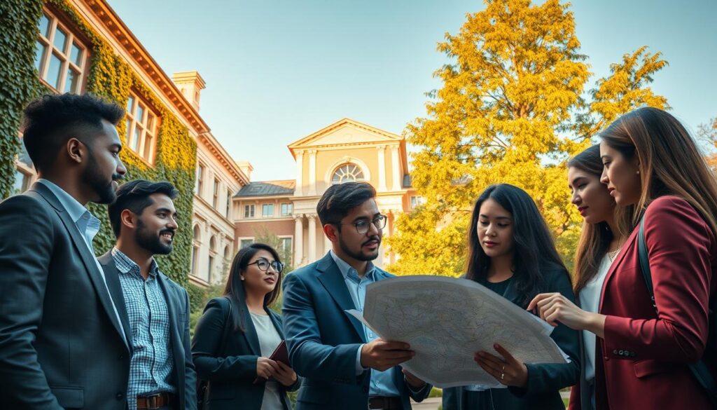 A thoughtful depiction of a university setting focused on the duration of bachelor's studies. In the foreground, a diverse group of students, dressed in professional business attire, are engaged in discussion while looking at a campus map, with expressions of curiosity and determination. The middle ground features an iconic university building, showcasing classic architectural elements such as large windows and ivy-covered walls, bathed in warm, golden afternoon light. In the background, a clear blue sky contrasts with lush green trees, creating a serene and inspiring atmosphere. The lighting is soft, enhancing the sense of hope and ambition associated with academic journeys. The overall mood is encouraging and focused, reflective of the dedication and time invested in higher education. A thoughtful depiction of a university setting focused on the duration of bachelor's studies. In the foreground, a diverse group of students, dressed in professional business attire, are engaged in discussion while looking at a campus map, with expressions of curiosity and determination. The middle ground features an iconic university building, showcasing classic architectural elements such as large windows and ivy-covered walls, bathed in warm, golden afternoon light. In the background, a clear blue sky contrasts with lush green trees, creating a serene and inspiring atmosphere. The lighting is soft, enhancing the sense of hope and ambition associated with academic journeys. The overall mood is encouraging and focused, reflective of the dedication and time invested in higher education.