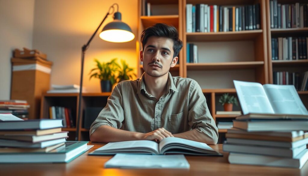 A thoughtful student sitting at a desk in a cozy study room, surrounded by textbooks and notes, looks contemplative as they assess their academic situation. The room is warmly lit by a lamp, casting a gentle glow that creates an inviting atmosphere. In the background, shelves filled with books and a small potted plant add to the scholarly ambiance. The student, dressed in modest casual attire, has a focused expression, symbolizing the determination and challenges faced when dealing with academic conditions. The angle captures the scene from slightly above, providing a comprehensive view of the environment, evoking a sense of introspection and seriousness about education. A thoughtful student sitting at a desk in a cozy study room, surrounded by textbooks and notes, looks contemplative as they assess their academic situation. The room is warmly lit by a lamp, casting a gentle glow that creates an inviting atmosphere. In the background, shelves filled with books and a small potted plant add to the scholarly ambiance. The student, dressed in modest casual attire, has a focused expression, symbolizing the determination and challenges faced when dealing with academic conditions. The angle captures the scene from slightly above, providing a comprehensive view of the environment, evoking a sense of introspection and seriousness about education.