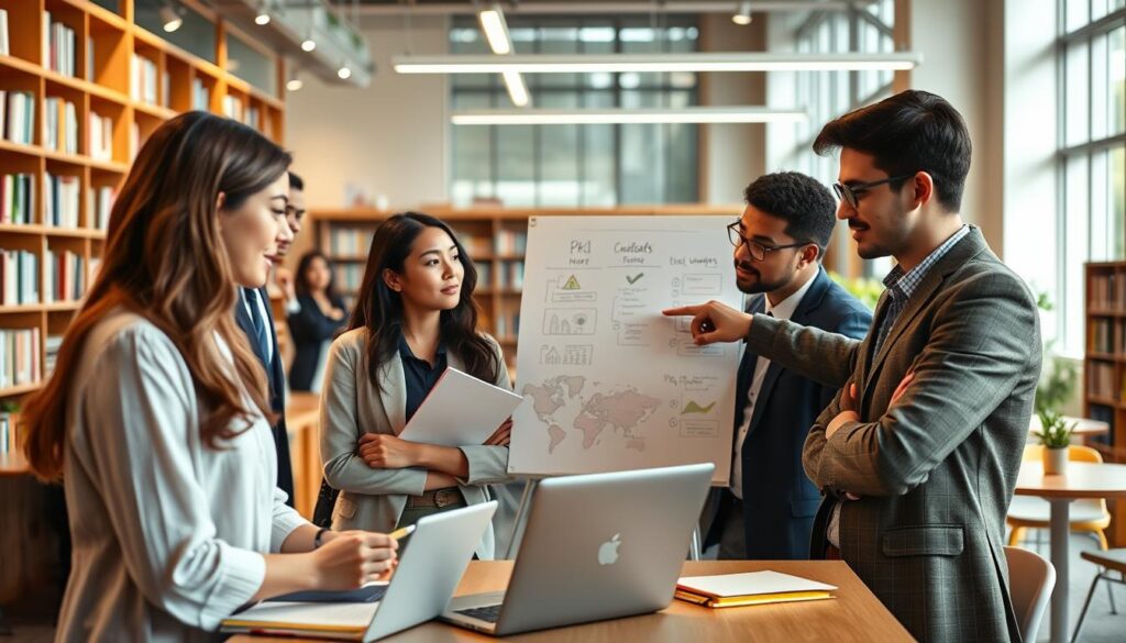 A thoughtful study environment in a modern university setting, showcasing a diverse group of students in professional attire engaged in discussions about key factors for choosing a university. The foreground features a young woman with a laptop, taking notes, and a young man pointing at a laptop screen, illustrating critical decision-making. In the middle, a whiteboard displays visual elements like graphs, location maps, and a checklist. The background includes a vibrant library with bookshelves, study tables, and soft lighting illuminating the scene. The overall atmosphere conveys a sense of collaboration, focus, and academic exploration, captured from a slightly elevated angle, emphasizing the importance of informed choices in education.