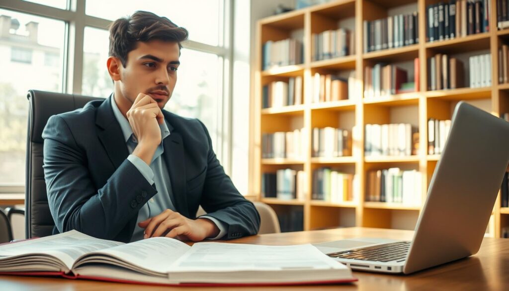 A thoughtful university student sitting at a desk, deep in concentration while reviewing study materials that depict tuition fees and scholarship information. The foreground features a close-up of open books and a laptop, showcasing financial documents, highlighting the theme of paid education. In the middle ground, a bookshelf lined with academic texts signifies a scholarly environment. The background features a large window with natural light pouring in, illuminating the scene and creating a warm, inviting atmosphere. The student is dressed in smart casual attire, conveying professionalism. The overall mood is contemplative, emphasizing the importance of understanding education costs, with soft shadows and bright highlights to enhance focus on the student’s thoughtful expression. Use a slightly angled perspective to capture the depth of the study space.