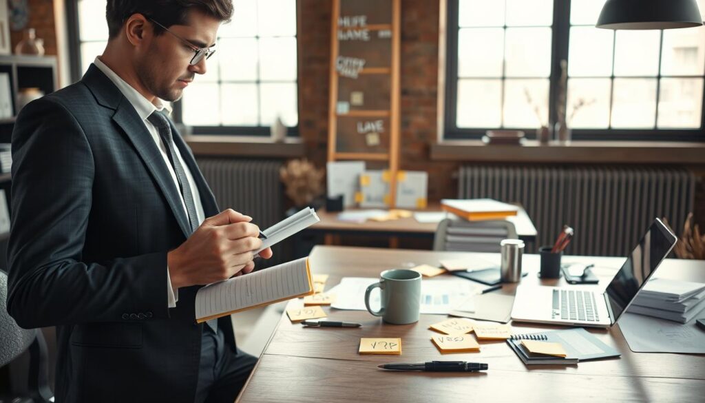 A thoughtful workspace depicting key questions for starting a business. In the foreground, a professional wearing business attire is engaged in contemplating, with a notepad and pen in hand, surrounded by sticky notes with handwritten questions. The middle features a modern desk cluttered with a laptop, a coffee mug, and charts, symbolizing business planning. In the background, large windows let in soft, natural light, illuminating the scene and creating an upbeat atmosphere. The overall mood is focused and inspiring, with a warm color palette. Use a focal lens to create depth, ensuring the foreground subject is sharp while the background is slightly blurred, giving a sense of clarity to the critical questions at hand. A thoughtful workspace depicting key questions for starting a business. In the foreground, a professional wearing business attire is engaged in contemplating, with a notepad and pen in hand, surrounded by sticky notes with handwritten questions. The middle features a modern desk cluttered with a laptop, a coffee mug, and charts, symbolizing business planning. In the background, large windows let in soft, natural light, illuminating the scene and creating an upbeat atmosphere. The overall mood is focused and inspiring, with a warm color palette. Use a focal lens to create depth, ensuring the foreground subject is sharp while the background is slightly blurred, giving a sense of clarity to the critical questions at hand.