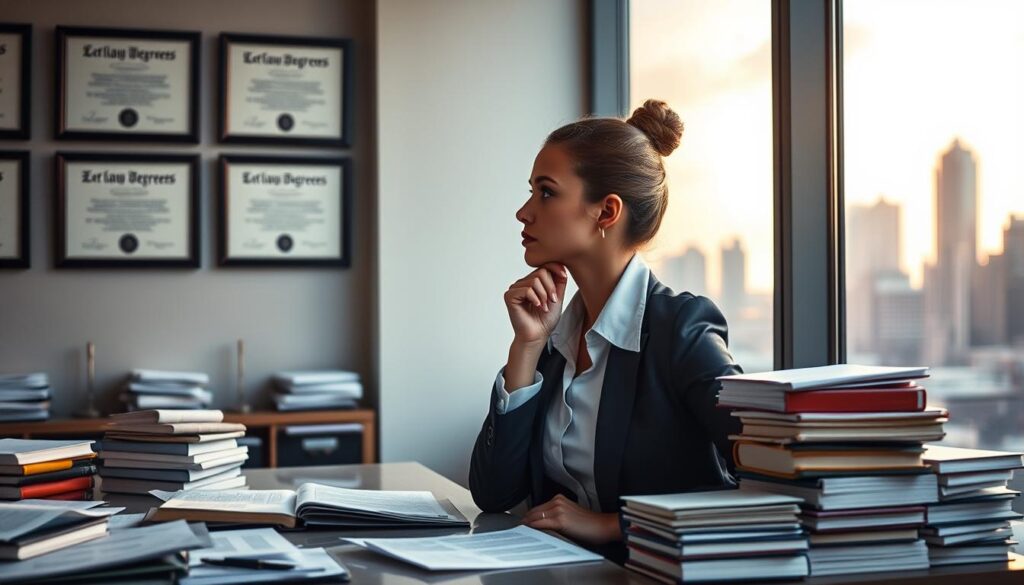 A thoughtful young lawyer, wearing professional business attire, sits at a modern desk cluttered with legal books and papers. She gazes out a large window, contemplating her path after law school, reflecting uncertainty and ambition. In the background, a city skyline is visible under a soft, warm evening light, creating a hopeful atmosphere. The middle ground features a wall adorned with law degrees framed elegantly, symbolizing achievement. Soft shadows fall across the desk, enhancing the contemplative mood. The composition captures a close-up angle from the side, focusing on her facial expression, conveying introspection and determination. Overall, the scene illustrates the transition from education to the professional world, evoking both challenges and possibilities ahead. A thoughtful young lawyer, wearing professional business attire, sits at a modern desk cluttered with legal books and papers. She gazes out a large window, contemplating her path after law school, reflecting uncertainty and ambition. In the background, a city skyline is visible under a soft, warm evening light, creating a hopeful atmosphere. The middle ground features a wall adorned with law degrees framed elegantly, symbolizing achievement. Soft shadows fall across the desk, enhancing the contemplative mood. The composition captures a close-up angle from the side, focusing on her facial expression, conveying introspection and determination. Overall, the scene illustrates the transition from education to the professional world, evoking both challenges and possibilities ahead.