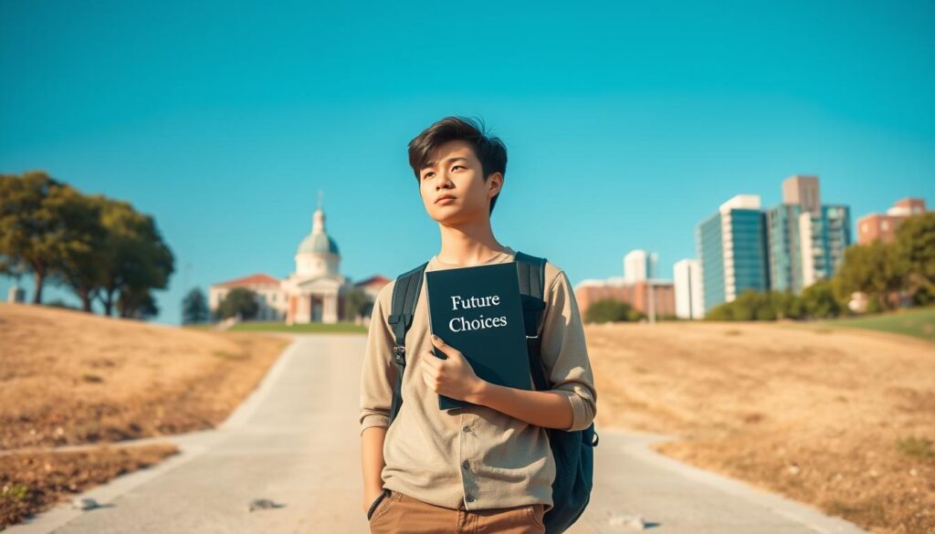 A thoughtful young person standing at a crossroads, symbolizing the decision whether to pursue higher education after high school. In the foreground, a student dressed in modest casual clothing looks contemplative, holding a book titled "Future Choices." In the middle ground, one path leads to a university campus filled with books and academic symbols, while the other path leads to a vibrant cityscape representing alternative career opportunities. The background features a clear blue sky, symbolizing hope and possibilities. Soft, warm lighting illuminates the scene, creating an inviting atmosphere. Capture the moment from a slightly elevated angle, showcasing the journey ahead, while maintaining a sense of introspection and potential.