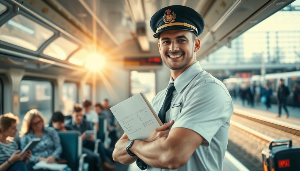A train conductor standing confidently in the foreground, wearing a crisp uniform complete with a cap and a badge, holds a clipboard with train schedule details. In the middle, a modern train interior with passengers seated, displaying various activities like reading and chatting, adds life to the scene. Sunlight streams through the large windows, casting soft shadows and creating a warm atmosphere. In the background, a train station platform is visible, bustling with passengers and luggage, enhancing the context of the conductor's duties. The composition is viewed from a slightly low angle to emphasize the conductor's role, with a focus on professional attire and a welcoming demeanor, conveying responsibility and service. The overall mood is dynamic yet organized, reflecting a day in the life of a train conductor.