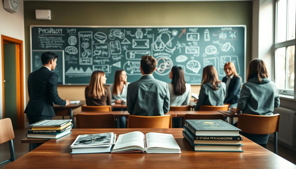 A tranquil university classroom setting, featuring a wooden desk adorned with psychology textbooks and notes, symbolizing "studia psychologiczne." In the foreground, diverse students in professional attire engage in discussion around the desk, showcasing various ethnicities and genders. The middle ground includes a chalkboard filled with psychological theories and diagrams, while a large window in the background lets in soft, natural light, enhancing the academic atmosphere. The scene is captured with a slightly elevated angle, giving a sense of overview and depth. The overall mood is one of focused learning and intellectual curiosity, with warm tones creating an inviting environment for aspiring psychologists.