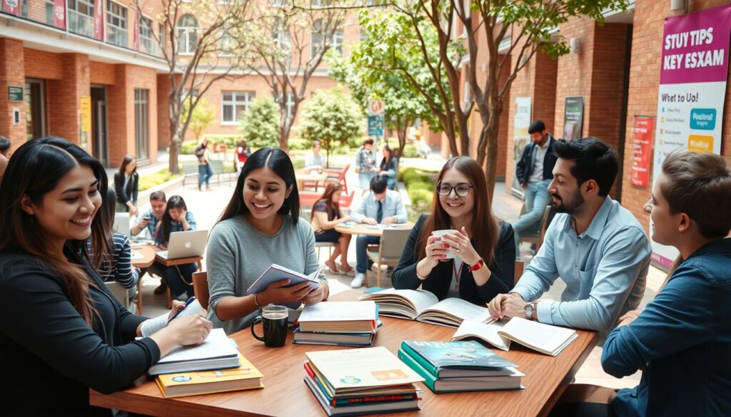 A university campus scene during exam session, featuring students studying and discussing in a vibrant atmosphere. In the foreground, a diverse group of three students, two women and one man, are seated at a wooden table piled with books and notes, wearing casual, professional attire. The middle ground shows more students engaged in group study, with laptops and coffee cups, surrounded by colorful posters about study tips and exam schedules. The background reveals a sunny courtyard with trees and benches, where other students can be seen relaxing. The lighting is bright and cheerful, signaling a productive day, captured with a slightly elevated angle to convey a sense of community and academic focus. The mood is energetic, yet studious, embodying the essence of university life during exam time.