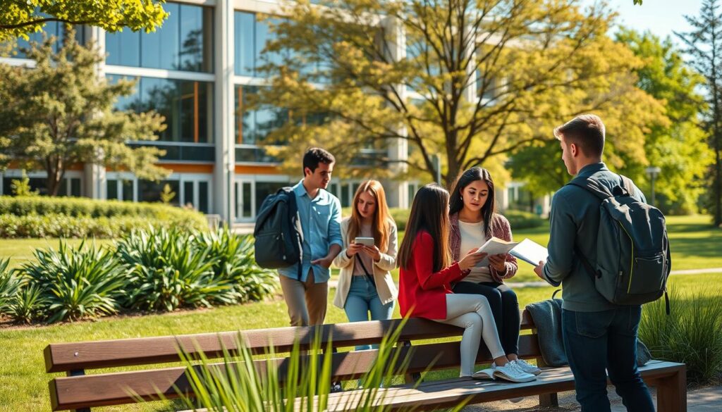 A university campus scene portraying the essence of "studia stacjonarne" with students engaged in various academic activities. In the foreground, a diverse group of students in professional and casual attire participates in a lively discussion by an outdoor bench with books and laptops. In the middle ground, a modern university building with large glass windows reflects an inviting atmosphere, suggesting a hub of learning. The background features lush greenery, trees swaying gently, and a clear blue sky, creating a peaceful yet dynamic environment. The scene is bathed in warm, natural sunlight, casting soft shadows to enhance depth. The mood is vibrant and focused, embodying the essence of higher education and community in a collegial setting.