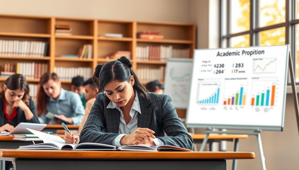 A university classroom scene illustrating the concept of academic probation, featuring a diverse group of students studying intently at their desks. In the foreground, two students, one male and one female, are reviewing their notes, looking concerned but focused, dressed in professional business attire. In the middle ground, a whiteboard displays charts and graphs related to academic performance, adding contextual depth. The background shows shelves filled with books and a large window letting in warm, natural light, enhancing the atmosphere of a serious yet supportive learning environment. The overall mood is one of determination and responsibility, capturing the essence of striving toward academic success.