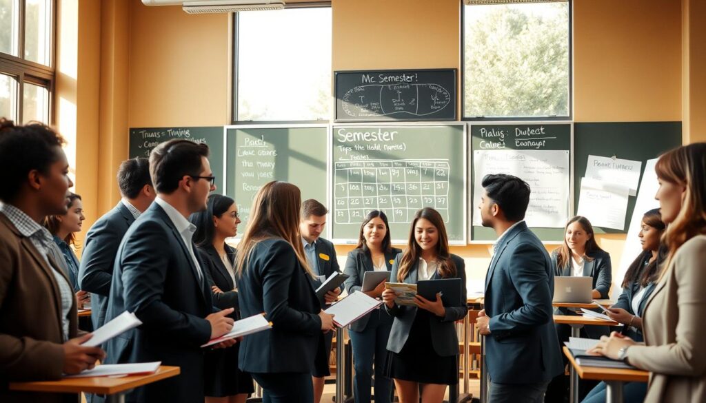A university classroom setting, capturing the essence of an academic semester. In the foreground, a diverse group of students, dressed in professional business attire, are engaged in a lively discussion, with notebooks and laptops open in front of them. The middle ground features a chalkboard filled with notes and diagrams related to semester timelines, alongside a calendar displaying important dates. In the background, large windows allow natural light to pour in, creating a bright and inviting atmosphere. The color palette is warm, reflecting the energy of learning. A slight focus blur enhances the feeling of depth, while the overall mood is one of collaboration and focus on academic goals and the duration of the semester.