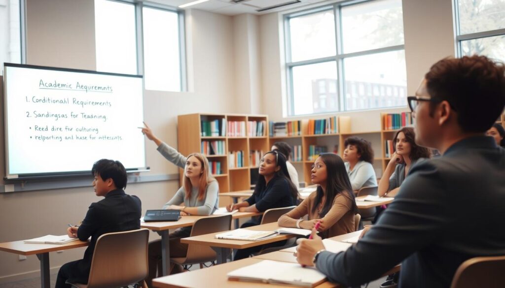 A university classroom setting with a diverse group of students sitting at desks, focused on a presentation about academic requirements. In the foreground, a female professor in professional attire gestures towards a brightly lit whiteboard, illustrating the rules of conditional academic standing. The students, a mix of genders and ethnicities, display expressions of concentration and determination, taking notes. In the middle ground, shelves filled with books and educational materials line the walls. The background features large windows allowing natural light to flood the room, creating a warm and inviting atmosphere. Capture the scene from a slight angle to emphasize interaction, with soft shadows enhancing the professional ambiance. A university classroom setting with a diverse group of students sitting at desks, focused on a presentation about academic requirements. In the foreground, a female professor in professional attire gestures towards a brightly lit whiteboard, illustrating the rules of conditional academic standing. The students, a mix of genders and ethnicities, display expressions of concentration and determination, taking notes. In the middle ground, shelves filled with books and educational materials line the walls. The background features large windows allowing natural light to flood the room, creating a warm and inviting atmosphere. Capture the scene from a slight angle to emphasize interaction, with soft shadows enhancing the professional ambiance.