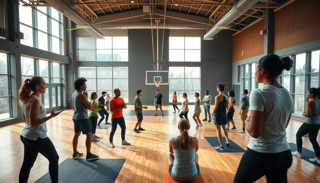 A university gymnasium during a physical education class, with diverse students in professional athletic wear engaged in various sports activities, such as basketball and yoga. In the foreground, a group of students are discussing exercises on a gym mat, while others can be seen practicing basketball shots in the middle ground. The background features large windows allowing natural light to flood the space, enhancing the vibrant and active atmosphere. The lighting is warm and inviting, creating a sense of community and energy. The angle captures a dynamic view from slightly above, making the scene feel immersive and engaging, highlighting the importance of physical education in university life.