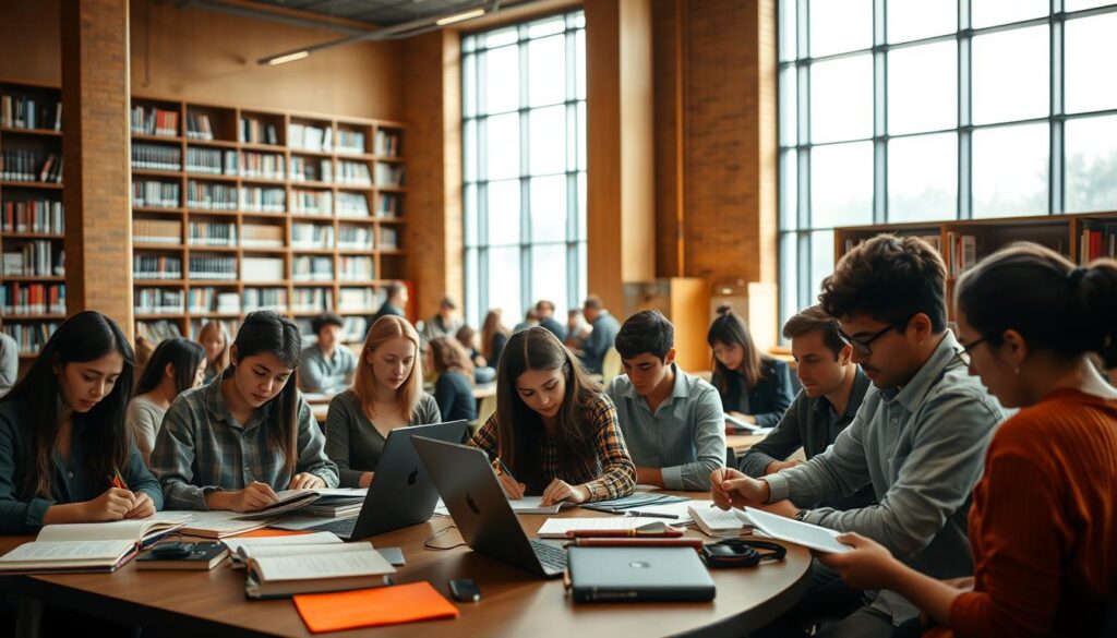 A university library setting filled with students studying for their exams, showcasing an atmosphere of focus and determination. In the foreground, a diverse group of students in casual, neat clothing are studying at a table strewn with notebooks, laptops, and textbooks. The middle ground features bookshelves lined with academic text and a few more students engaged in discussions. In the background, large windows allow natural light to flood the room, creating a bright and inviting environment. The lighting is warm and soft, evoking a sense of concentration and productivity. The overall mood should be serious yet collaborative, emphasizing the importance of academic assessment periods in student life.