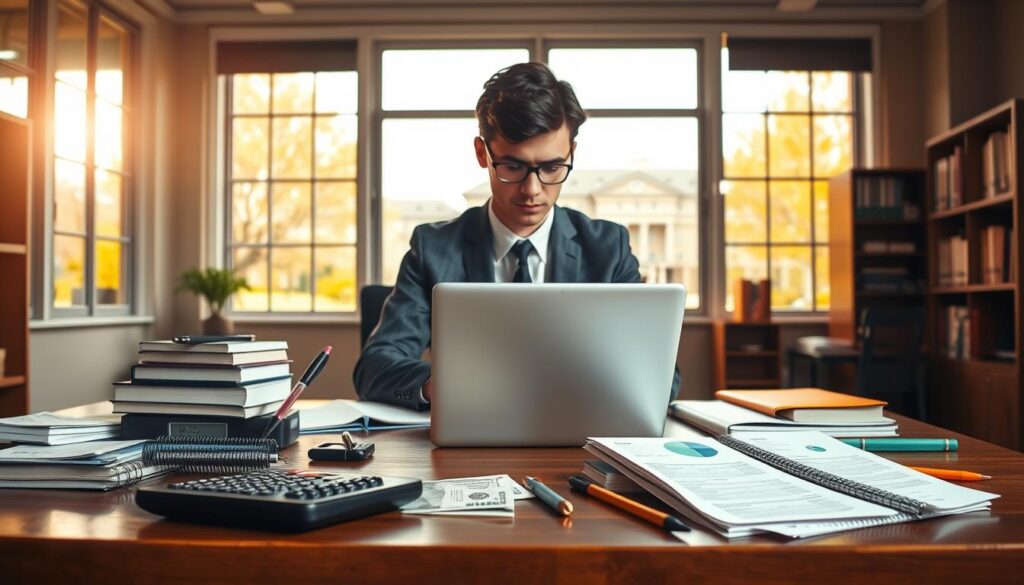 A university office setting depicting additional study costs. In the foreground, a tidy wooden desk with scattered study materials like notebooks, a calculator, and a stack of bills, symbolizing financial aspects of education. In the middle, a professional-looking student, dressed in smart business attire, examining the expenses on a laptop with a focused expression, surrounded by books and stationery. In the background, large windows letting in warm, natural light, with a view of a campus. The atmosphere is serious yet hopeful, reflecting the challenges and opportunities of higher education. Capture the image with a slightly overhead angle for depth, ensuring clarity of the desk items. A university office setting depicting additional study costs. In the foreground, a tidy wooden desk with scattered study materials like notebooks, a calculator, and a stack of bills, symbolizing financial aspects of education. In the middle, a professional-looking student, dressed in smart business attire, examining the expenses on a laptop with a focused expression, surrounded by books and stationery. In the background, large windows letting in warm, natural light, with a view of a campus. The atmosphere is serious yet hopeful, reflecting the challenges and opportunities of higher education. Capture the image with a slightly overhead angle for depth, ensuring clarity of the desk items.