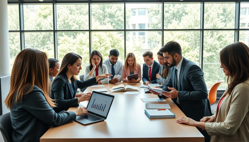 A university scene depicting a diverse group of students in professional business attire gathered around a large table in a bright, modern study room. In the foreground, two students are engaged in a discussion, one pointing at a laptop displaying academic graphs and notes, while the other takes notes fervently. In the middle ground, other students are pondering over textbooks and papers, showcasing a sense of collaboration and motivation. The background features large windows allowing natural light to flood the room, enhanced by a view of the campus lush green outdoors. The atmosphere is focused yet dynamic, illustrating the concept of academic limits and the importance of establishing boundaries in a supportive educational environment. Use a warm color palette to convey an inviting and engaging vibe.