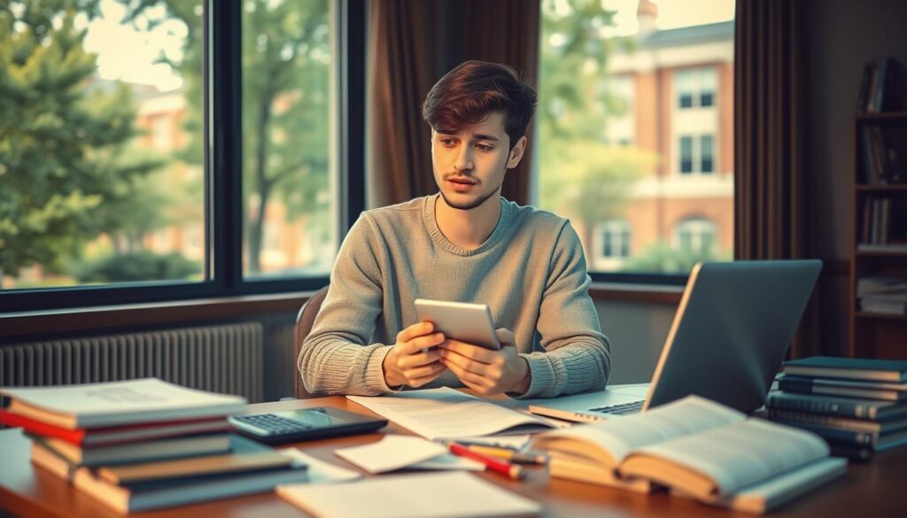 A university student sitting at a cluttered study desk, surrounded by textbooks, a laptop, and notes, looking thoughtfully at a calculator as they consider the costs of retaking a course. In the background, a window reveals a campus scene, with green trees and a brick building. The lighting is warm and focused on the student, casting soft shadows to create a contemplative mood. The student, dressed casually in a simple sweater and jeans, is showing a mixture of concern and determination. The scene captures the essence of the financial and emotional aspects of academic challenges, framed with a depth of field to emphasize the student in the foreground while keeping the campus blurred behind.