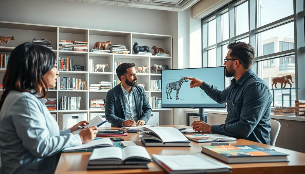 A veterinary education scene inside a bright, modern university classroom. In the foreground, a diverse group of four students in professional attire is actively engaged in discussion around a large table filled with books and veterinary equipment. One student, a woman with dark hair, writes notes on a notepad, while another man points to a diagram of animal anatomy displayed on a digital screen. In the middle ground, shelves filled with veterinary textbooks and models of animals are visible, symbolizing the extensive study required. The background features a large window letting in natural light, casting soft shadows. The atmosphere is focused and inspiring, highlighting the dedication and long commitment needed for veterinary studies. The lighting is bright and inviting, capturing a sense of professionalism and scholarly pursuit.