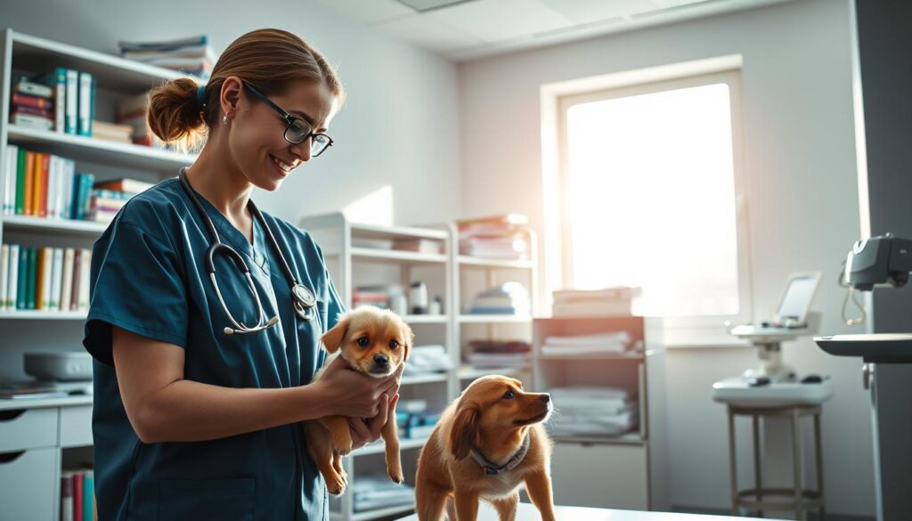 A veterinary specialization scene set in a bright, well-equipped veterinary clinic. In the foreground, a professional veterinarian in scrubs examines a small dog, showcasing compassion and expertise. In the middle ground, shelves filled with medical books and various animal care tools reflect a diverse range of specialties, such as surgery, dentistry, and exotic animal care. The background depicts a large window allowing natural light to flood the room, creating a warm and welcoming atmosphere. Soft shadows are cast from the equipment as sunlight illuminates the clinic. Overall, the image conveys a sense of professionalism, dedication, and the intricate world of veterinary medicine. A veterinary specialization scene set in a bright, well-equipped veterinary clinic. In the foreground, a professional veterinarian in scrubs examines a small dog, showcasing compassion and expertise. In the middle ground, shelves filled with medical books and various animal care tools reflect a diverse range of specialties, such as surgery, dentistry, and exotic animal care. The background depicts a large window allowing natural light to flood the room, creating a warm and welcoming atmosphere. Soft shadows are cast from the equipment as sunlight illuminates the clinic. Overall, the image conveys a sense of professionalism, dedication, and the intricate world of veterinary medicine.