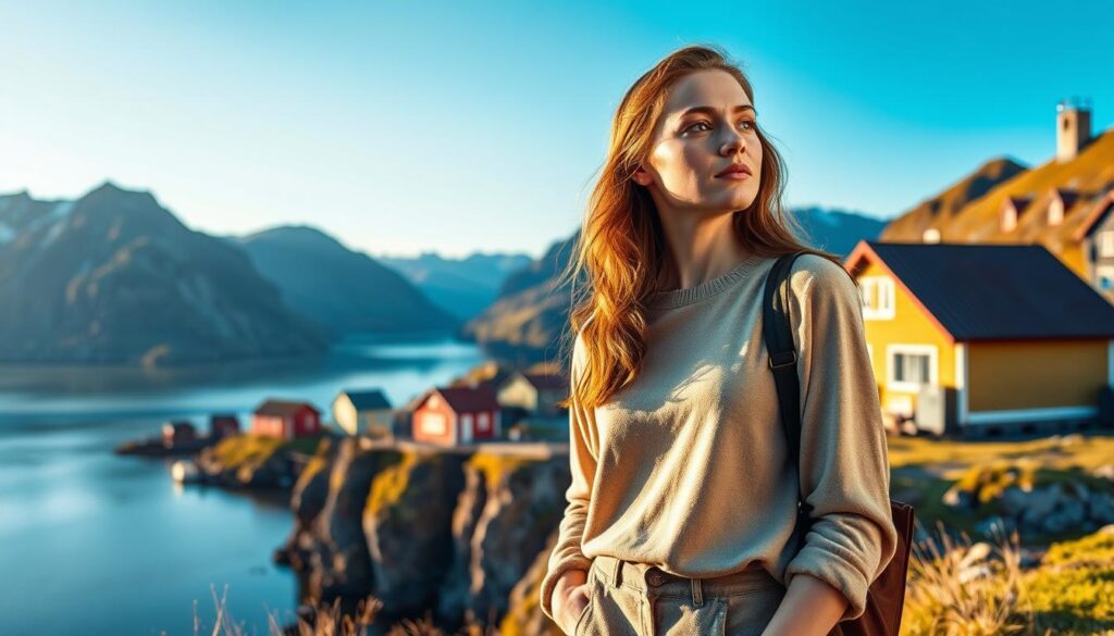 A vibrant Scandinavian landscape representing the origin country of Bik Bok, featuring picturesque views of Norway’s fjords and mountains. In the foreground, a stylish young woman is dressed in trendy, modest casual clothing reflecting modern Nordic fashion, glancing towards the breathtaking scenery. The middle ground shows traditional Scandinavian architecture with colorful wooden houses, hinting at the brand's roots. Soft, natural lighting enhances the serene atmosphere, with golden hour sunlight casting warm tones across the landscape. The background showcases the majestic mountains and a clear blue sky, inviting feelings of tranquility and connection to nature. The overall mood evokes a sense of fashion and culture intertwined with the beauty of the Norwegian scenery, emphasizing the essence of the Bik Bok brand. A vibrant Scandinavian landscape representing the origin country of Bik Bok, featuring picturesque views of Norway’s fjords and mountains. In the foreground, a stylish young woman is dressed in trendy, modest casual clothing reflecting modern Nordic fashion, glancing towards the breathtaking scenery. The middle ground shows traditional Scandinavian architecture with colorful wooden houses, hinting at the brand's roots. Soft, natural lighting enhances the serene atmosphere, with golden hour sunlight casting warm tones across the landscape. The background showcases the majestic mountains and a clear blue sky, inviting feelings of tranquility and connection to nature. The overall mood evokes a sense of fashion and culture intertwined with the beauty of the Norwegian scenery, emphasizing the essence of the Bik Bok brand.