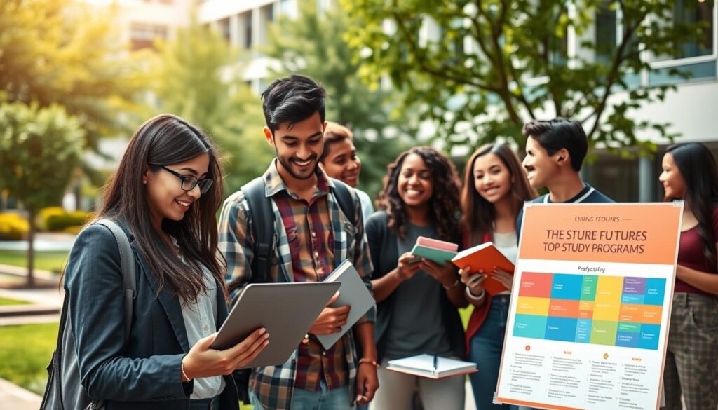 A vibrant academic setting, showcasing a diverse group of students engaged in lively discussions about their futures, with a backdrop of a modern university campus. In the foreground, a young woman in professional attire is studying a laptop, while a young man points to a colorful chart on a poster about top study programs. In the middle, fellow students of various ethnicities converse animatedly, surrounded by books and notebooks, symbolizing collaboration and learning. The background features lush greenery and contemporary architecture, under soft, warm daylight that creates an inviting and inspirational ambiance. The image conveys optimism and curiosity, highlighting the excitement and importance of choosing the right field of study. A vibrant academic setting, showcasing a diverse group of students engaged in lively discussions about their futures, with a backdrop of a modern university campus. In the foreground, a young woman in professional attire is studying a laptop, while a young man points to a colorful chart on a poster about top study programs. In the middle, fellow students of various ethnicities converse animatedly, surrounded by books and notebooks, symbolizing collaboration and learning. The background features lush greenery and contemporary architecture, under soft, warm daylight that creates an inviting and inspirational ambiance. The image conveys optimism and curiosity, highlighting the excitement and importance of choosing the right field of study.