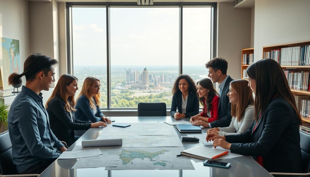 A vibrant academic setting, showcasing the educational opportunities arising from mathematics and geography. In the foreground, a diverse group of students dressed in professional attire engages in a lively discussion around a modern conference table, with maps and mathematical diagrams scattered across it. In the middle background, a large window reveals a panoramic view of a city skyline with green parks and rivers, symbolizing geographic studies. Soft, natural sunlight illuminates the scene, creating an inviting atmosphere. On a shelf in the background, books on advanced mathematics and geography are neatly organized, emphasizing the importance of these fields. The image should evoke a sense of exploration, curiosity, and academic success. A vibrant academic setting, showcasing the educational opportunities arising from mathematics and geography. In the foreground, a diverse group of students dressed in professional attire engages in a lively discussion around a modern conference table, with maps and mathematical diagrams scattered across it. In the middle background, a large window reveals a panoramic view of a city skyline with green parks and rivers, symbolizing geographic studies. Soft, natural sunlight illuminates the scene, creating an inviting atmosphere. On a shelf in the background, books on advanced mathematics and geography are neatly organized, emphasizing the importance of these fields. The image should evoke a sense of exploration, curiosity, and academic success.