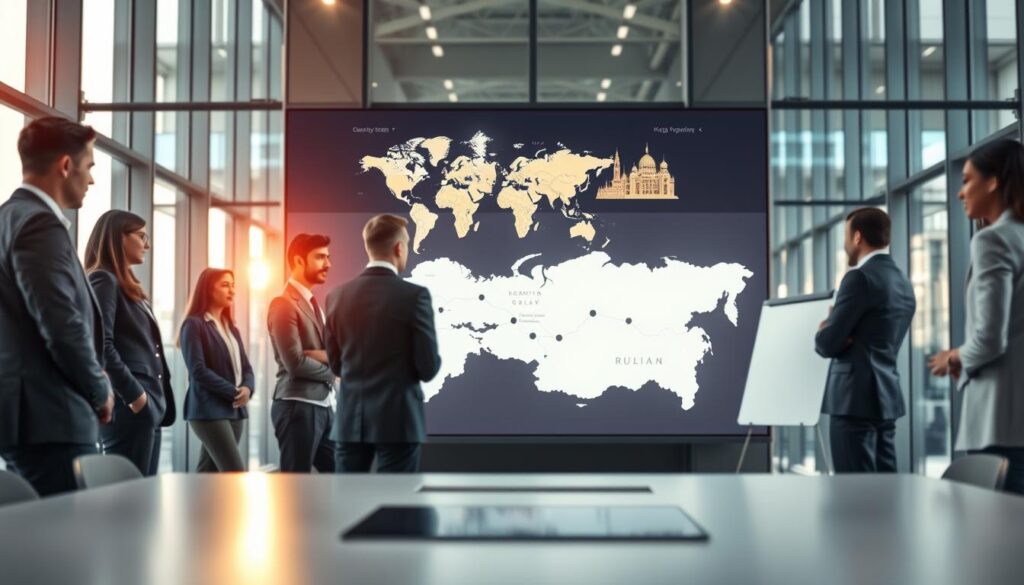 A vibrant and captivating image depicting the concept of "Kraj pochodzenia Ruhhy," focused on a professional setting in a modern office environment. In the foreground, a diverse group of professional individuals in business attire are engaged in a discussion around a sleek conference table, showcasing teamwork and collaboration. In the middle ground, a large map of the country of origin is prominently displayed on a digital screen, highlighting key features such as landmarks and cultural symbols. The background features tall glass windows that allow natural light to flood the space, creating a warm and welcoming atmosphere. The mood is one of professionalism and innovation, with an emphasis on international ties and origins. Utilize a soft focus effect to create an inviting, inspiring ambiance. A vibrant and captivating image depicting the concept of "Kraj pochodzenia Ruhhy," focused on a professional setting in a modern office environment. In the foreground, a diverse group of professional individuals in business attire are engaged in a discussion around a sleek conference table, showcasing teamwork and collaboration. In the middle ground, a large map of the country of origin is prominently displayed on a digital screen, highlighting key features such as landmarks and cultural symbols. The background features tall glass windows that allow natural light to flood the space, creating a warm and welcoming atmosphere. The mood is one of professionalism and innovation, with an emphasis on international ties and origins. Utilize a soft focus effect to create an inviting, inspiring ambiance.