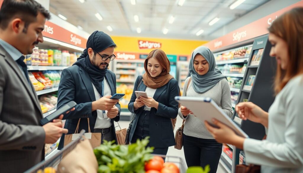 A vibrant and dynamic supermarket scene inside a Selgros store, showcasing various shopping methods. In the foreground, a diverse group of shoppers in professional business attire or modest casual clothing is using different approaches: one is scanning products with a mobile app, another is utilizing a self-checkout kiosk, while a third is consulting a digital shopping list on a tablet. In the middle ground, well-organized shelves filled with fresh produce, household items, and groceries create an inviting atmosphere. The background features a bright, modern interior with clear signage and lighting that enhances the vibrant colors of the products. The overall mood is energetic and informative, reflecting the convenience and variety of shopping experiences at Selgros. The angle captures the interaction between customers and technology in shopping. A vibrant and dynamic supermarket scene inside a Selgros store, showcasing various shopping methods. In the foreground, a diverse group of shoppers in professional business attire or modest casual clothing is using different approaches: one is scanning products with a mobile app, another is utilizing a self-checkout kiosk, while a third is consulting a digital shopping list on a tablet. In the middle ground, well-organized shelves filled with fresh produce, household items, and groceries create an inviting atmosphere. The background features a bright, modern interior with clear signage and lighting that enhances the vibrant colors of the products. The overall mood is energetic and informative, reflecting the convenience and variety of shopping experiences at Selgros. The angle captures the interaction between customers and technology in shopping.