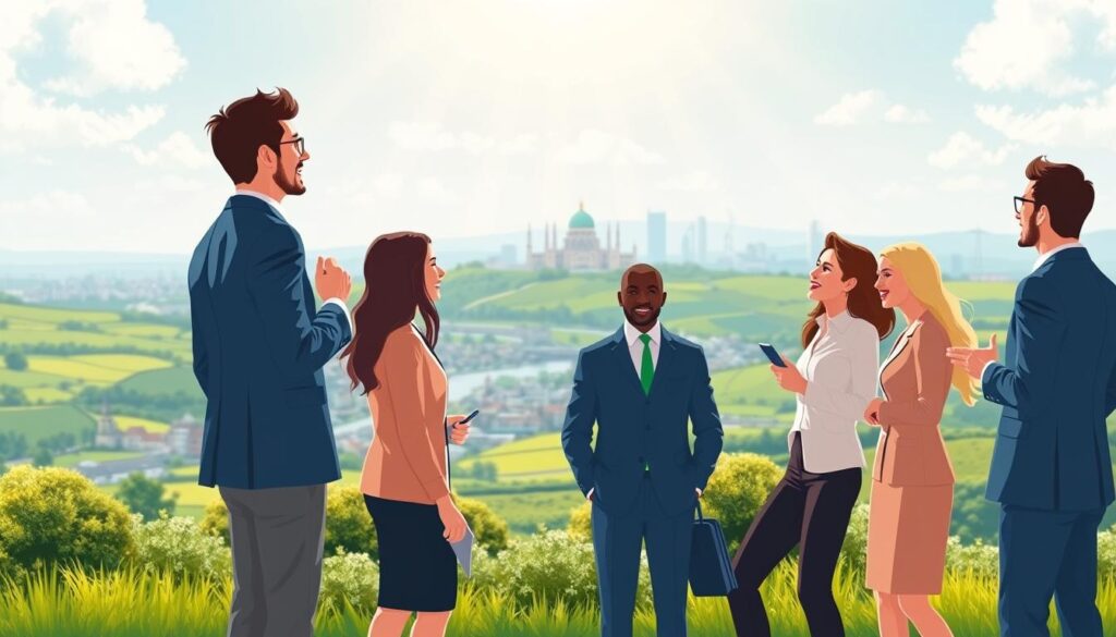 A vibrant and engaging illustration depicting the benefits of registering a company in Ireland. In the foreground, a diverse group of professionals in business attire discuss their plans excitedly, showcasing a sense of collaboration and opportunity. The middle ground features iconic Irish elements, such as the picturesque Dublin skyline and lush green landscapes, symbolizing economic growth and a favorable business environment. The background includes subtle hints of financial growth, like graphs and charts emerging from the scenic view. The lighting is bright and optimistic, reflecting a hopeful atmosphere, with soft sunlight illuminating the scene, creating a warm, inviting feeling. The angle is slightly elevated, offering a panoramic view that captures both the people and the thriving surroundings.
