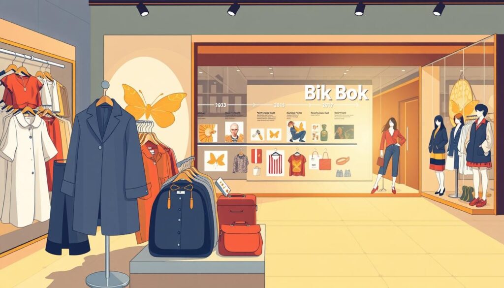 A vibrant and engaging illustration of the history of the Bik Bok brand. In the foreground, an elegantly designed display of various Bik Bok clothing items, featuring contemporary fashion styles, all neatly arranged to showcase the brand's trendy aesthetic. In the middle ground, a timeline depicting significant milestones in the company's history with iconic images or symbols representing key moments, employing a warm color palette to evoke nostalgia. The background highlights a stylish, modern storefront reminiscent of a Bik Bok shop, complete with chic interior decor and stylish mannequins dressed in the latest collections. Bright, natural lighting filters through the storefront windows, creating an inviting atmosphere. The overall mood is professional and inspiring, reflecting the brand's evolution and success in the fashion industry. A vibrant and engaging illustration of the history of the Bik Bok brand. In the foreground, an elegantly designed display of various Bik Bok clothing items, featuring contemporary fashion styles, all neatly arranged to showcase the brand's trendy aesthetic. In the middle ground, a timeline depicting significant milestones in the company's history with iconic images or symbols representing key moments, employing a warm color palette to evoke nostalgia. The background highlights a stylish, modern storefront reminiscent of a Bik Bok shop, complete with chic interior decor and stylish mannequins dressed in the latest collections. Bright, natural lighting filters through the storefront windows, creating an inviting atmosphere. The overall mood is professional and inspiring, reflecting the brand's evolution and success in the fashion industry.