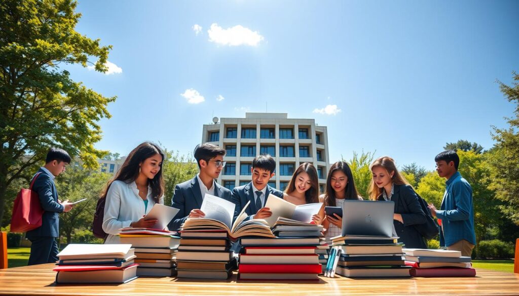 A vibrant and engaging scene illustrating the concept of postgraduate studies and student status. In the foreground, a diverse group of students dressed in professional attire are discussing and reviewing materials on a table stacked with books and laptops. In the middle, a university building with a modern architectural design looms, framing the context of higher education. The background features a sunny day with clear blue skies and lush greenery, symbolizing growth and opportunity. The lighting is bright and inviting, casting soft shadows, enhancing the scholarly atmosphere. The angle of the shot is slightly elevated, allowing a panoramic view of the students engaged in their academic pursuits, conveying a sense of community and ambition. The mood is hopeful and professional, emphasizing the importance of continuing education and its impact on student identity. A vibrant and engaging scene illustrating the concept of postgraduate studies and student status. In the foreground, a diverse group of students dressed in professional attire are discussing and reviewing materials on a table stacked with books and laptops. In the middle, a university building with a modern architectural design looms, framing the context of higher education. The background features a sunny day with clear blue skies and lush greenery, symbolizing growth and opportunity. The lighting is bright and inviting, casting soft shadows, enhancing the scholarly atmosphere. The angle of the shot is slightly elevated, allowing a panoramic view of the students engaged in their academic pursuits, conveying a sense of community and ambition. The mood is hopeful and professional, emphasizing the importance of continuing education and its impact on student identity.