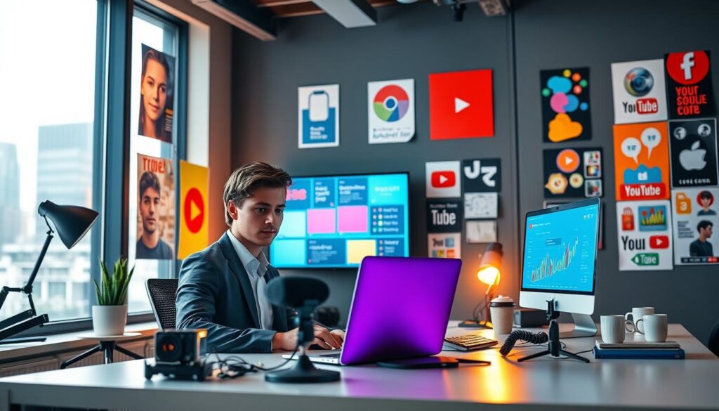 A vibrant and engaging workspace scene illustrating digital community-building for a YouTube channel. In the foreground, a young professional in smart casual attire is seated at a modern desk, focused on a laptop displaying vibrant social media analytics. Around them, colorful posters of various social media platforms adorn the walls. The middle ground features a variety of devices, including a camera and microphone, symbolizing content creation. Subtle warm lighting illuminates the room, creating an inviting atmosphere. The background showcases a large window with a city view, hinting at connectivity and global reach. The overall mood is energetic and inspiring, emphasizing collaboration and growth within an online community.