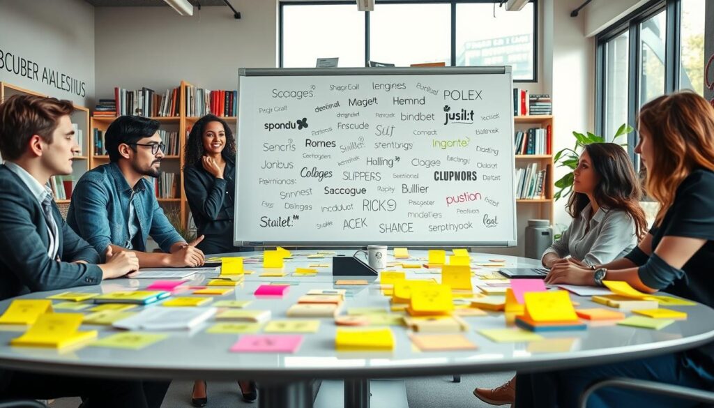A vibrant and imaginative workspace featuring a brainstorming session for creative business names. In the foreground, a diverse group of three professionals, dressed in smart casual attire, are gathered around a sleek modern table filled with colorful sticky notes and sketches of logos. In the middle, a large whiteboard displays an array of unique and playful business names written in different fonts and styles, illustrating originality. The background features shelves of design books and a large window with natural light streaming in, creating an inspiring atmosphere. The overall mood is dynamic and collaborative, with a soft focus on the brainstorming process and creativity at play.
