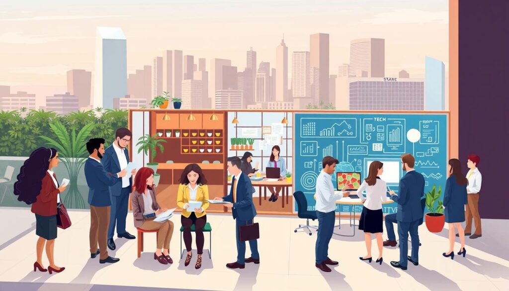 A vibrant and informative illustration depicting various types of business activities. In the foreground, showcase a diverse group of professionals in business attire engaged in discussions, brainstorming with documents and digital devices. In the middle ground, display a split scene representing different business types, such as a cozy café, an office setting, and a tech startup environment, each filled with relevant tools and designs. In the background, a city skyline with modern architecture symbolizes growth and opportunity. Use natural lighting to create a welcoming atmosphere, with soft shadows and a warm color palette. The angle should be a slightly elevated view to capture interactions and the diversity of business environments, evoking a sense of entrepreneurship and innovation.