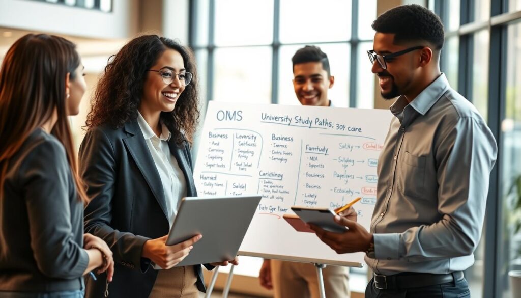 A vibrant and informative image depicting a diverse group of young adults engaged in a discussion about university study paths after achieving a high school diploma with a 30 percent score. In the foreground, a confident young woman in professional business attire holds a laptop, animatedly presenting ideas, while two male peers, one in casual yet neat clothing and another in a button-up shirt, listen attentively. In the middle ground, a whiteboard filled with study options and career paths is prominently displayed, showcasing fields like technology, business, and arts. The background features a modern university setting with large windows allowing soft, natural light to flood the space, creating an inviting atmosphere. The overall mood is inspiring and optimistic, encouraging students to make informed educational choices. A vibrant and informative image depicting a diverse group of young adults engaged in a discussion about university study paths after achieving a high school diploma with a 30 percent score. In the foreground, a confident young woman in professional business attire holds a laptop, animatedly presenting ideas, while two male peers, one in casual yet neat clothing and another in a button-up shirt, listen attentively. In the middle ground, a whiteboard filled with study options and career paths is prominently displayed, showcasing fields like technology, business, and arts. The background features a modern university setting with large windows allowing soft, natural light to flood the space, creating an inviting atmosphere. The overall mood is inspiring and optimistic, encouraging students to make informed educational choices.