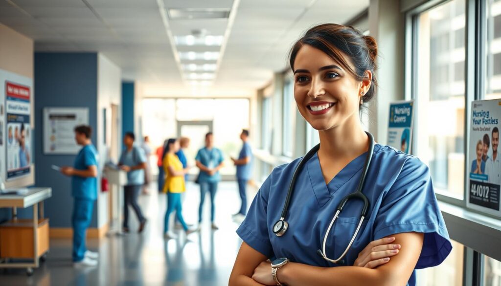 A vibrant and informative scene depicting a nurse in a colorful, modern healthcare environment. In the foreground, a female nurse, wearing professional medical scrubs and a stethoscope around her neck, is engaging with a patient in a compassionate manner. The middle ground features a bustling hospital or clinic setting with colleagues interacting, charts, and medical equipment, emphasizing teamwork and collaboration. The background showcases a bright, well-lit hallway, with posters about nursing careers and professional development opportunities on the walls. Soft natural light filters through large windows, creating a warm and inviting atmosphere. The overall mood is positive and motivational, reflecting possibilities in nursing careers. The composition is shot at eye level, using a lens that captures the depth of the scene without distortion.