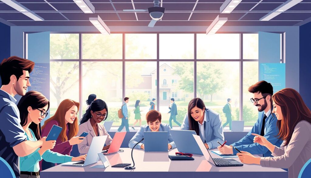 A vibrant and inspiring illustration depicting the benefits of studying computer science. In the foreground, a diverse group of enthusiastic students, dressed in professional and casual attire, engages in collaborative discussions over laptops and digital devices. The middle ground features a modern classroom with interactive technology, like smart boards and programming code on screens. In the background, large windows reveal a bright outdoor campus filled with greenery and students walking. Soft, natural lighting filters through the windows, creating a warm and inviting atmosphere. The overall mood reflects excitement and innovation, celebrating the advantages of a career in technology and the intellectual growth it fosters. The composition is well-balanced, with a focus on teamwork and engagement in the educational environment. A vibrant and inspiring illustration depicting the benefits of studying computer science. In the foreground, a diverse group of enthusiastic students, dressed in professional and casual attire, engages in collaborative discussions over laptops and digital devices. The middle ground features a modern classroom with interactive technology, like smart boards and programming code on screens. In the background, large windows reveal a bright outdoor campus filled with greenery and students walking. Soft, natural lighting filters through the windows, creating a warm and inviting atmosphere. The overall mood reflects excitement and innovation, celebrating the advantages of a career in technology and the intellectual growth it fosters. The composition is well-balanced, with a focus on teamwork and engagement in the educational environment.