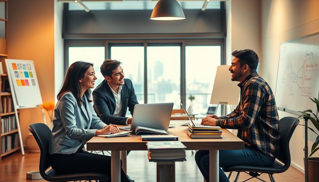 A vibrant and inspiring scene focusing on the benefits of part-time studies. In the foreground, a diverse group of three young adults - a woman in professional business attire, a man in smart casual clothing, and a student wearing comfortable attire - are engaged in a collaborative discussion around a table, surrounded by books and laptops. In the middle ground, a cozy and modern study space filled with natural light, large windows displaying a city view. The background features a whiteboard with colorful notes and ideas mapped out, enhancing the atmosphere of creativity and learning. Soft, warm lighting enhances the inviting mood of the scene, suggesting a blend of academic ambition and professional development. The composition should evoke a sense of possibility and motivation without any text or distractions.