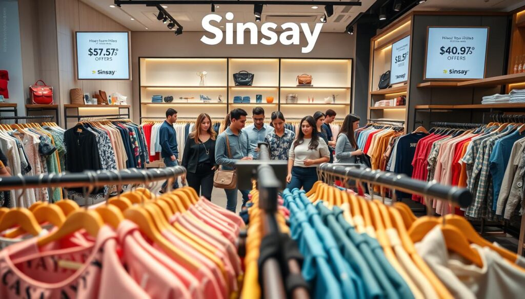 A vibrant and inviting display of Sinsay products in a modern retail environment, showcasing the latest fashion trends. In the foreground, neatly arranged clothing racks feature stylish casual wear and accessories in a range of colors, including pastel shades and bold patterns. The middle ground captures shoppers browsing through garments, dressed in smart casual attire, exuding a sense of enjoyment and discovery. In the background, soft, warm lighting highlights the store's contemporary interior design, with minimalistic shelves and elegant signage promoting special offers. The overall mood is lively and trend-conscious, inspiring a sense of excitement about affordable fashion choices. The camera angle is slightly elevated, providing a clear view of both the merchandise and the shoppers’ interactions within the space. A vibrant and inviting display of Sinsay products in a modern retail environment, showcasing the latest fashion trends. In the foreground, neatly arranged clothing racks feature stylish casual wear and accessories in a range of colors, including pastel shades and bold patterns. The middle ground captures shoppers browsing through garments, dressed in smart casual attire, exuding a sense of enjoyment and discovery. In the background, soft, warm lighting highlights the store's contemporary interior design, with minimalistic shelves and elegant signage promoting special offers. The overall mood is lively and trend-conscious, inspiring a sense of excitement about affordable fashion choices. The camera angle is slightly elevated, providing a clear view of both the merchandise and the shoppers’ interactions within the space.