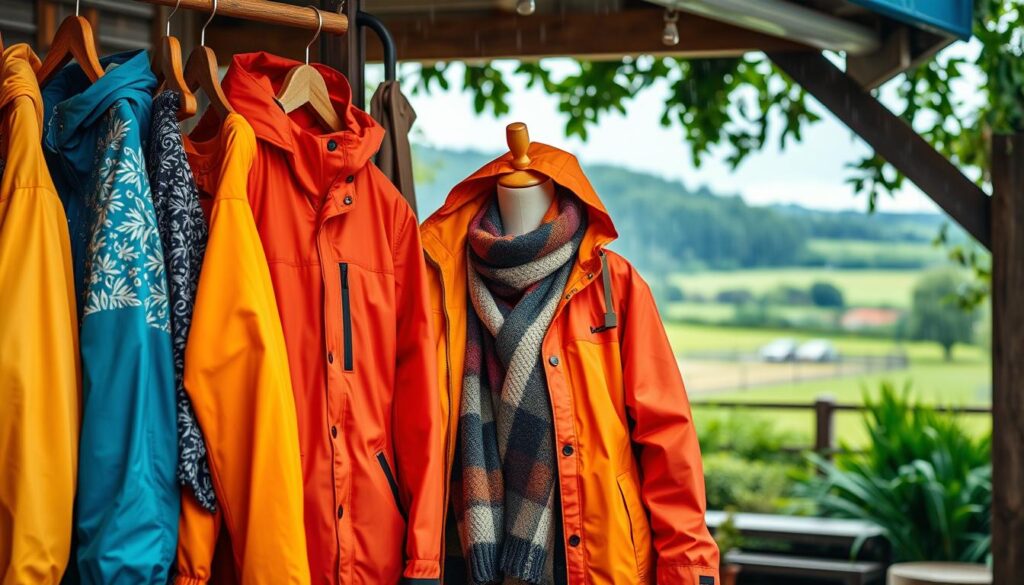 A vibrant and inviting scene featuring an outdoor display of Schmuddelwedda clothing, emphasizing their signature waterproof jackets and stylish raincoats. In the foreground, hang several brightly colored jackets on rustic wooden hangers, showcasing the distinctive patterns and textures unique to the brand. In the middle, a mannequin is adorned with a fashionable outfit composed of a cozy, layered look suitable for rainy weather, reflecting both style and functionality. In the background, a soft-focus view of a picturesque German landscape with gentle raindrops falling and greenery around, creating a serene atmosphere. The lighting is soft and natural, suggesting an overcast day, capturing the cozy essence of Schmuddelwedda apparel in a lifestyle setting. The overall mood is cheerful and inviting, highlighting the practicality and charm of the brand's offerings.
