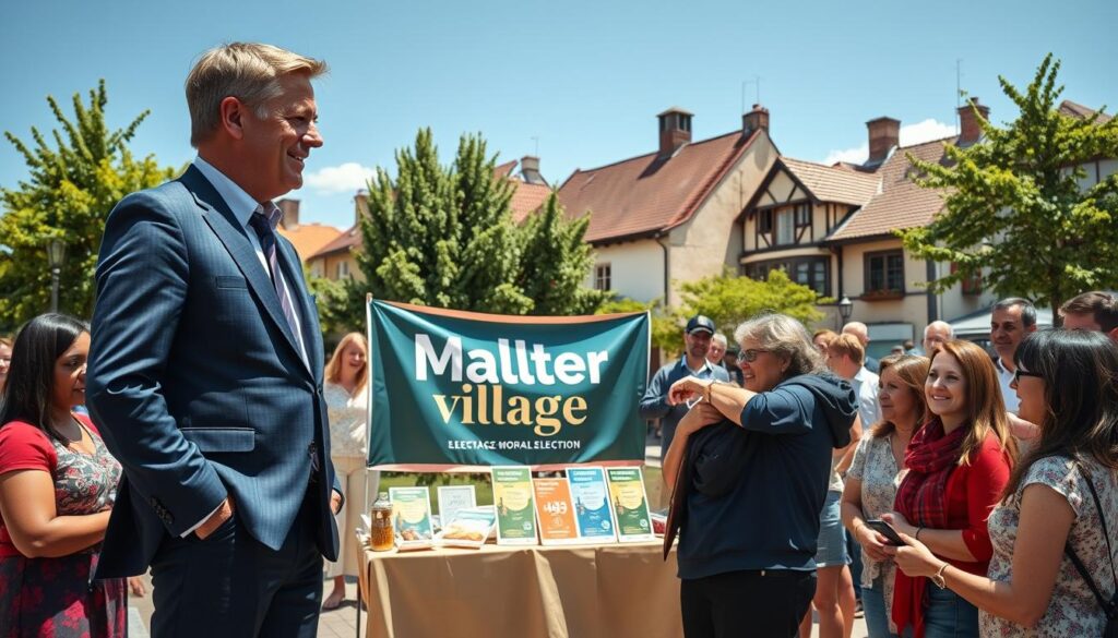 A vibrant campaign scene for a village mayoral election, featuring a charismatic candidate standing confidently in the foreground, dressed in a smart business suit. The candidate is engaging with a small group of diverse, enthusiastic voters, who are attentively listening and interacting. In the middle ground, a colorful campaign banner displays the candidate's name and slogan, artistically draped over a table filled with campaign flyers and refreshments. The background showcases a picturesque village square with charming, rustic buildings and green trees, under a bright blue sky. The setting is alive with energy, promoting a sense of community and hopeful aspirations. The image is well-lit, capturing the warmth of a sunny day, emphasizing the optimism of the campaign atmosphere. A vibrant campaign scene for a village mayoral election, featuring a charismatic candidate standing confidently in the foreground, dressed in a smart business suit. The candidate is engaging with a small group of diverse, enthusiastic voters, who are attentively listening and interacting. In the middle ground, a colorful campaign banner displays the candidate's name and slogan, artistically draped over a table filled with campaign flyers and refreshments. The background showcases a picturesque village square with charming, rustic buildings and green trees, under a bright blue sky. The setting is alive with energy, promoting a sense of community and hopeful aspirations. The image is well-lit, capturing the warmth of a sunny day, emphasizing the optimism of the campaign atmosphere.