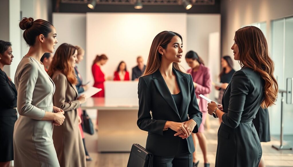 A vibrant casting call scene set indoors, showcasing a diverse group of young women waiting for their turn to be evaluated by a panel of judges. In the foreground, two models are seen conversing, dressed in professional business attire, with a focus on elegant outfits that reflect modern fashion trends. In the middle, the judges’ table is visible, adorned with bright lighting and a subtle spotlight highlighting the models as they present themselves. The background reveals a sleek, stylish registration desk with a few other hopefuls filling out forms, creating a buzz of anticipation. The atmosphere conveys excitement and professionalism, with soft, natural lighting illuminating the scene, enhancing the sense of opportunity and aspiration in the air. A warm color palette adds to the inviting mood.