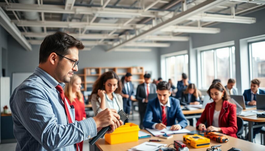 A vibrant classroom setting featuring students engaged in practical training in a vocational school, with a focus on diverse individuals in professional business attire. In the foreground, a male instructor demonstrates techniques to a group of attentive students using tools related to their field of study. The middle layer shows students interacting and collaborating on projects at workstations, surrounded by educational materials and equipment tailored for hands-on learning. In the background, large windows provide ample natural light, creating a bright and inviting atmosphere. The composition should emphasize the importance of vocational training and the roles these schools play in skill development. The mood is enthusiastic and motivating, showcasing a professional learning environment conducive to acquiring qualifications and advancing careers.