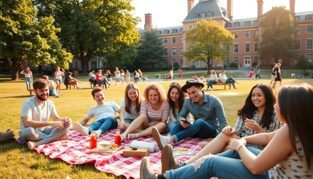 A vibrant college campus scene during holiday break, featuring a diverse group of students enjoying their time together, smiling and relaxing on a sunny afternoon. In the foreground, a picnic blanket is spread out, with students lounging, eating snacks, and engaging in lively conversation. The middle ground showcases a few students playing frisbee, while others are sitting on benches, immersed in books or talking. In the background, historic university buildings and lush green trees complete the landscape, bathed in golden sunlight. The atmosphere is joyful and carefree, reflecting the essence of a holiday at university. Use a wide-angle lens to capture the dynamic interaction among students, with soft, natural lighting enhancing the warmth of the scene. A vibrant college campus scene during holiday break, featuring a diverse group of students enjoying their time together, smiling and relaxing on a sunny afternoon. In the foreground, a picnic blanket is spread out, with students lounging, eating snacks, and engaging in lively conversation. The middle ground showcases a few students playing frisbee, while others are sitting on benches, immersed in books or talking. In the background, historic university buildings and lush green trees complete the landscape, bathed in golden sunlight. The atmosphere is joyful and carefree, reflecting the essence of a holiday at university. Use a wide-angle lens to capture the dynamic interaction among students, with soft, natural lighting enhancing the warmth of the scene.