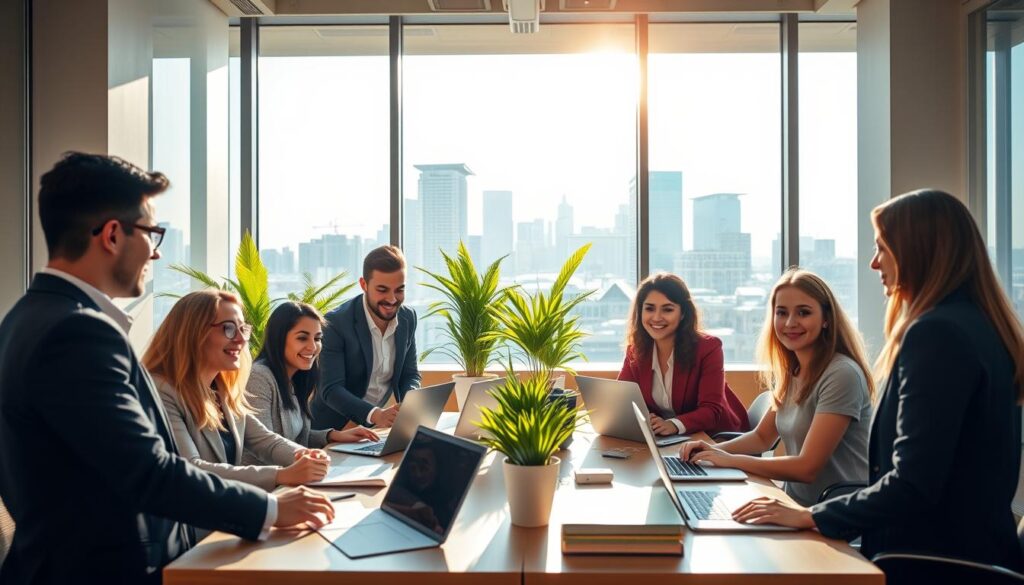 A vibrant office setting showcasing the benefits of paid internships. In the foreground, a diverse group of young professionals in business attire engage in a collaborative discussion around a large table filled with documents and laptops, smiling and appearing motivated. In the middle, a clear glass window lets in warm sunlight, illuminating the room and creating a lively, energetic atmosphere. Bright potted plants add a touch of nature, enhancing the positive mood. In the background, a modern cityscape is visible through the window, symbolizing opportunity and growth. The image captures the essence of professional development and financial independence, emphasizing the valuable experience and networking potential of paid internships. The composition is well-lit, with soft shadows adding depth to the scene. A vibrant office setting showcasing the benefits of paid internships. In the foreground, a diverse group of young professionals in business attire engage in a collaborative discussion around a large table filled with documents and laptops, smiling and appearing motivated. In the middle, a clear glass window lets in warm sunlight, illuminating the room and creating a lively, energetic atmosphere. Bright potted plants add a touch of nature, enhancing the positive mood. In the background, a modern cityscape is visible through the window, symbolizing opportunity and growth. The image captures the essence of professional development and financial independence, emphasizing the valuable experience and networking potential of paid internships. The composition is well-lit, with soft shadows adding depth to the scene.