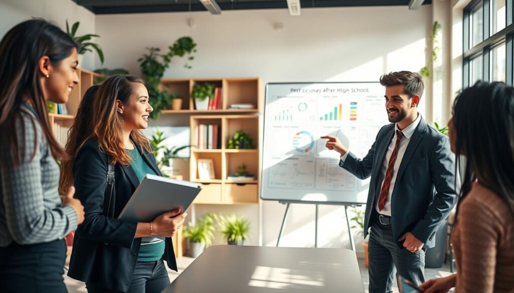 A vibrant scene depicting a diverse group of young adults engaging in a discussion about post-secondary education. In the foreground, include two individuals, a young woman in smart casual attire holding a notebook and a young man in business casual attire pointing at a laptop screen. In the middle ground, show a whiteboard filled with charts and educational diagrams, symbolizing various pathways after high school. The background features a bright, modern classroom filled with plants and bookshelves, with natural light streaming in through large windows. The atmosphere is encouraging and dynamic, conveying a sense of curiosity and exploration, with soft shadows adding depth, captured from a slight low angle to emphasize the group's interaction.
