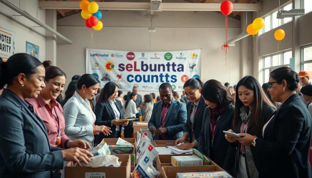 A vibrant scene depicting social engagement through volunteer work. In the foreground, a diverse group of volunteers, dressed in professional business attire and modest casual clothing, are actively collaborating to organize a charity event. They are sorting donations and discussing plans, exuding enthusiasm and teamwork. In the middle ground, a large banner displays logos and images related to charitable activities, emphasizing community involvement. The background features a lively community center decorated with colorful balloons and signs, while people of various ages and backgrounds interact, showcasing unity and support. The atmosphere is warm and inviting, illuminated by soft, natural lighting that highlights the volunteers' dedication and the vibrant colors of the setting. The angle captures the energy of the moment, focusing on the volunteers' expressions of commitment and hope. A vibrant scene depicting social engagement through volunteer work. In the foreground, a diverse group of volunteers, dressed in professional business attire and modest casual clothing, are actively collaborating to organize a charity event. They are sorting donations and discussing plans, exuding enthusiasm and teamwork. In the middle ground, a large banner displays logos and images related to charitable activities, emphasizing community involvement. The background features a lively community center decorated with colorful balloons and signs, while people of various ages and backgrounds interact, showcasing unity and support. The atmosphere is warm and inviting, illuminated by soft, natural lighting that highlights the volunteers' dedication and the vibrant colors of the setting. The angle captures the energy of the moment, focusing on the volunteers' expressions of commitment and hope.