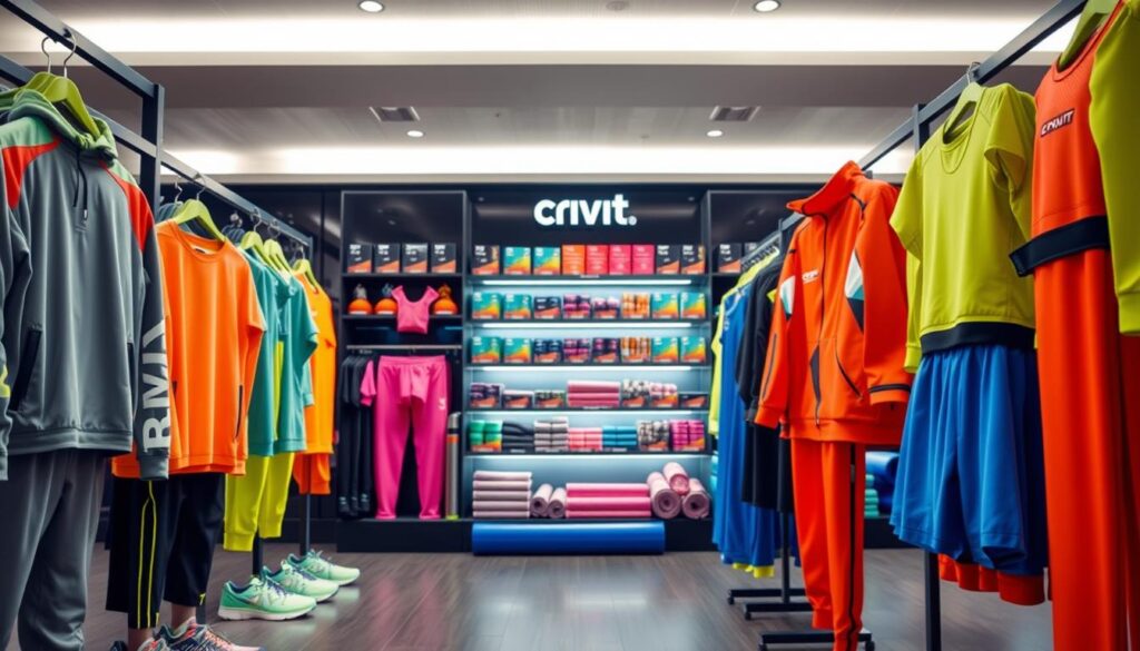 A vibrant sports store display showcasing Crivit sports clothing and accessories. In the foreground, neatly arranged athletic wear including tracksuits, running shoes, and yoga mats, emphasizing bright, appealing colors. In the middle, a partial view of shelves stocked with Crivit products, with a focus on product labels and textures. The background features a sleek, modern store interior with bright lighting illuminating the merchandise, creating an inviting atmosphere. Soft shadows emphasize the products' shapes, and a wide-angle perspective captures the spaciousness of the store. The mood is energetic and motivational, appealing to sports enthusiasts and shoppers. No people are present, allowing the merchandise to take center stage, ensuring a professional appearance.